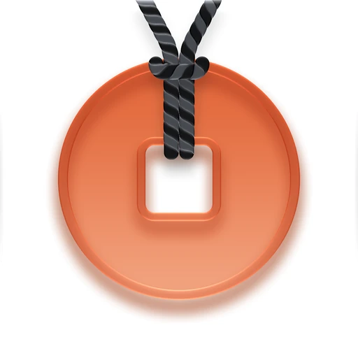 The Kozeni app icon: a coral coin with a square hole, tied on a twisted rope.