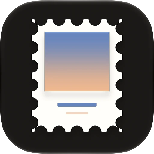 The Michi app icon: a perforated paper stamp printed with an evening sky, on black.